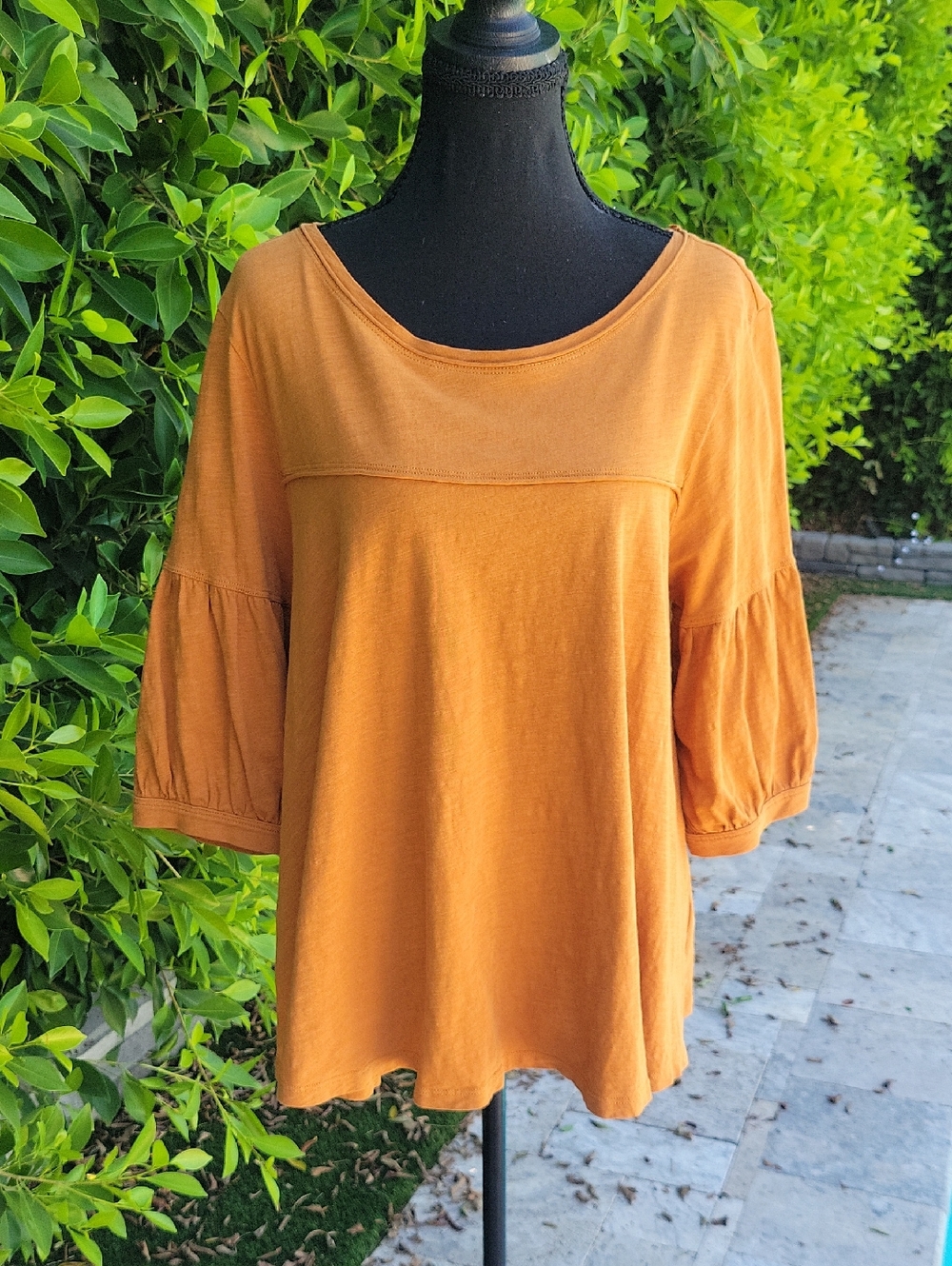 Peruvian Connection Mustardy Brown Bell Sleeve Flowy Babydoll Tunic Top M